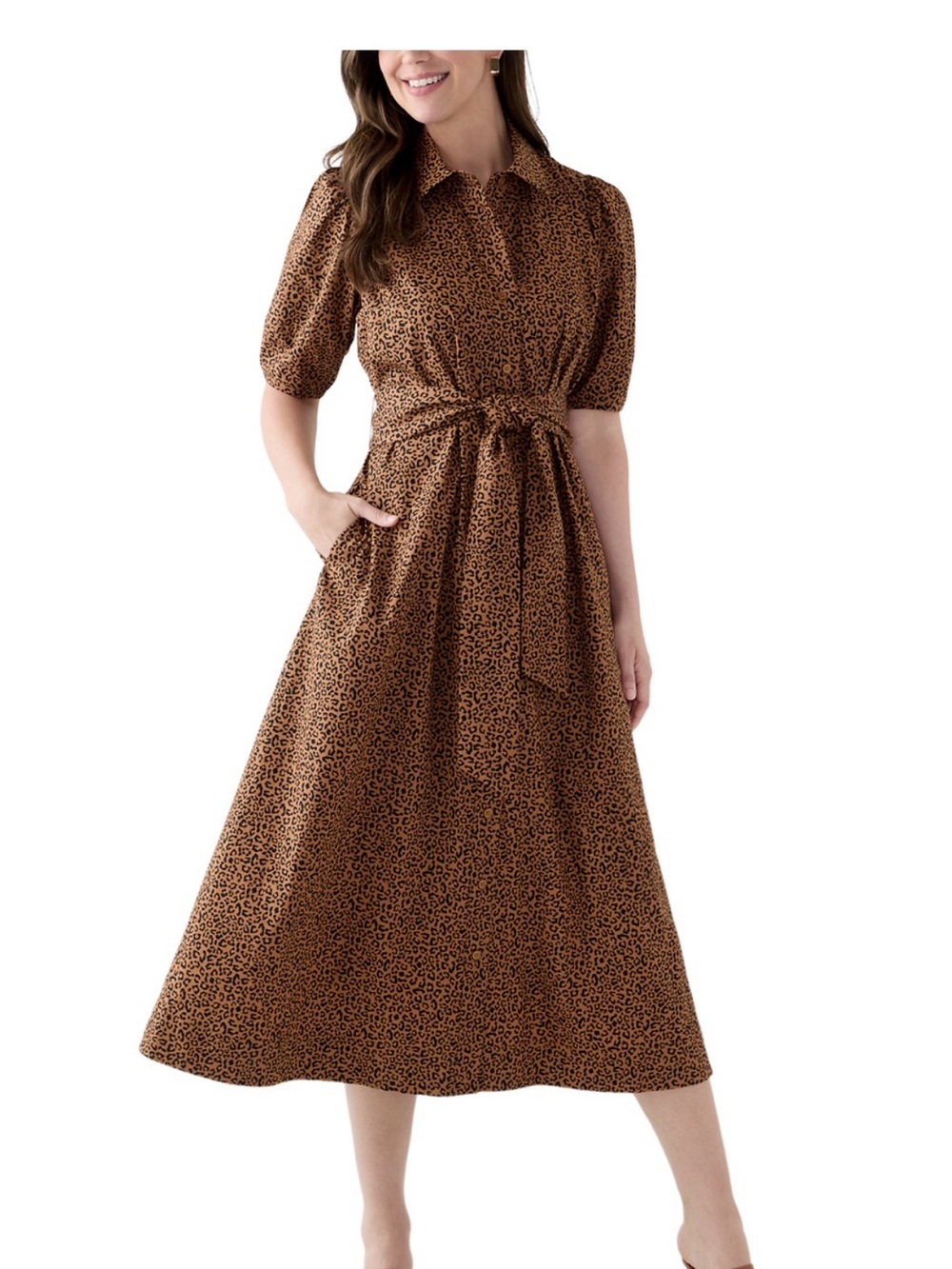 Crown and Ivy Brown Leopard Print Shirt Dress with Tie Waist